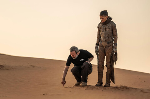 Making of Dune Part Three Dennis Villeneuve and Zendaya at desert Credit Warner Bros Legendary Films